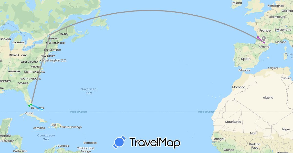 TravelMap itinerary: driving, bus, plane, train, boat in Bahamas, Canada, France, United States (Europe, North America)